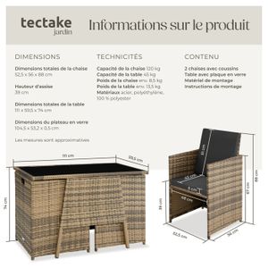 Salon De Jardin 2 Places TecTake - Fauteuils En Poly Rotin Et Structure Acier Laqué - Table D'appoint Incluse - Pour Terrasse, Balcon, Jardin