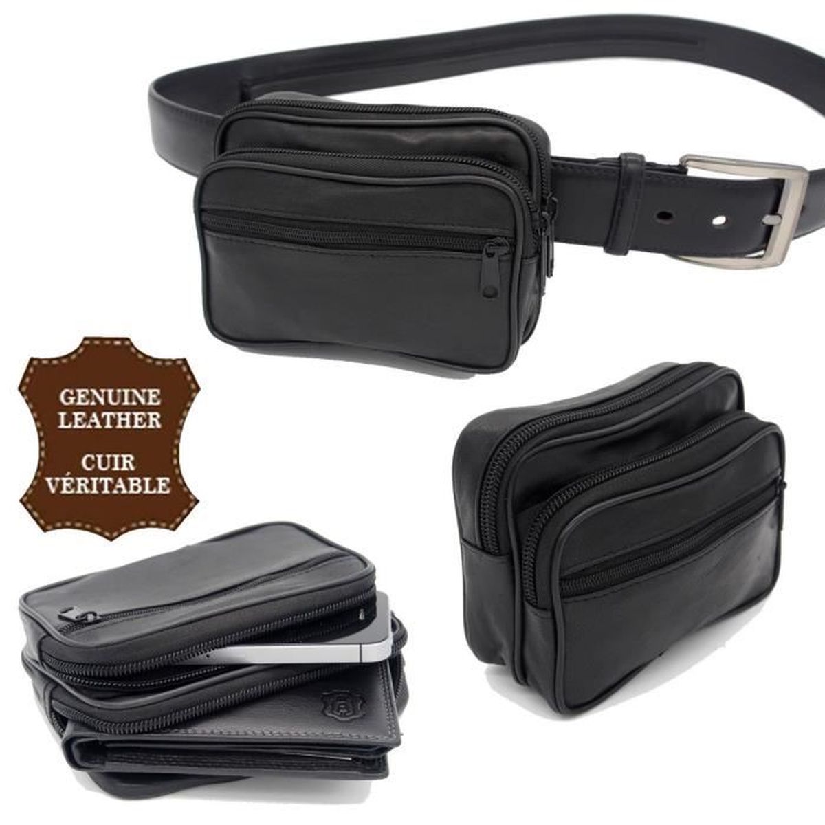 Sacoche de ceinture banane en Cuir Véritable Homme Poche ...