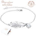 2SPLENDID® Joli Bracelet Plume avec Cristal Autrichien baigné dans l'OR Blanc. Boite cadeau. Cadeau parfait pour les fêtes