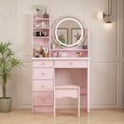 Coiffeuse avec miroir rond LED tricolore - FUFU&GAGA - Rose - Chambre - 5 tiroirs - 5 étagères - 80x40x135cm