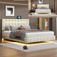 Lit double 140x200 cm avec LED et chargement USB - structure de lit flottant avec sommier à lattes - tissu en lin - beige