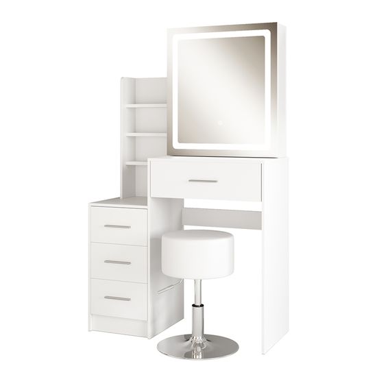 Vicco Coiffeuse Edda Blanc 80 Cm – Miroir LED Rond, Tabouret Inclus, Style Rétro Glamour, Rangement Astucieux