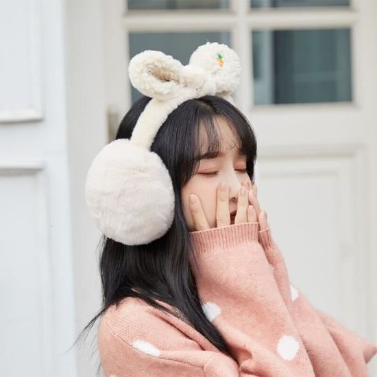 Cache-oreilles D'hiver En Peluche Oreilles De Lapin Mobiles - Tissu Doux, Taille Unique, Blanc Crème