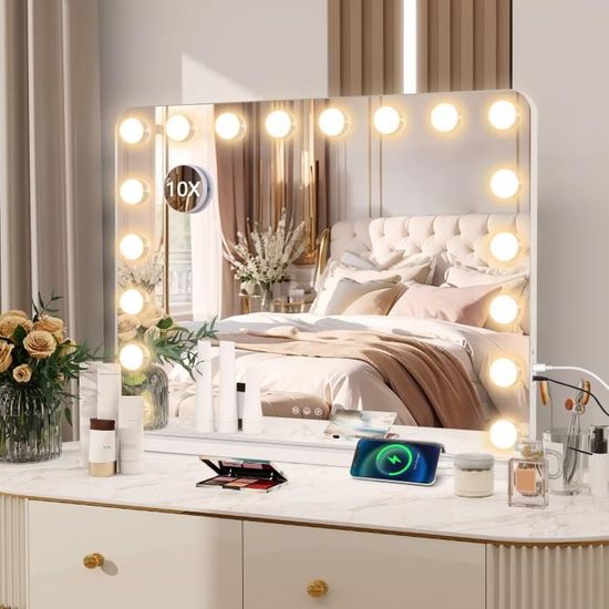 Miroir de maquillage Hollywood avec lumières, miroir de courtoisie avec 15 ampoules LED à intensité variable et grossissement x10, miroir cosmétique à écran tactile pour coiffeuse Miroir de maquillage Hollywood avec lumières, miroir de courtoisie avec 15 ampoules LED à intensité variable et grossissement x10, miroir cosmétique à écran tactile pour coiffeuse