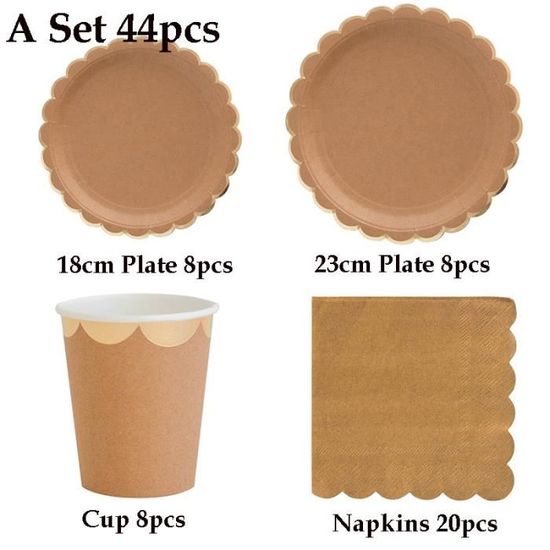 1 set 44pcs -Vaisselle jetable en papier Kraft pur,service de table,assiettes,gobelets,serviettes en paille,fournitures pour fê
