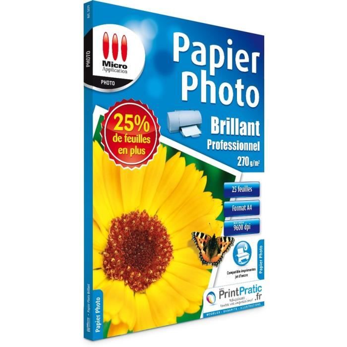 Pack de 25 papiers photo brillant format A4 premium Micro Application MA-5079
