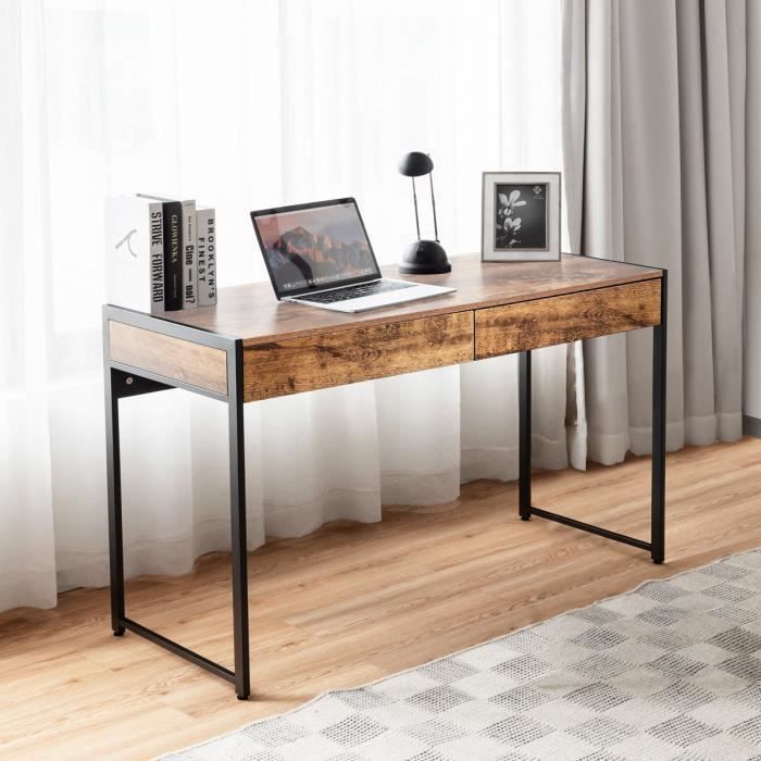 COSTWAY Table de Bureau en Bois et Acier avec 2 Tiroirs 112x48x76CM Design Rétro Poste de Travail pour Bureau,Salon,Chambre