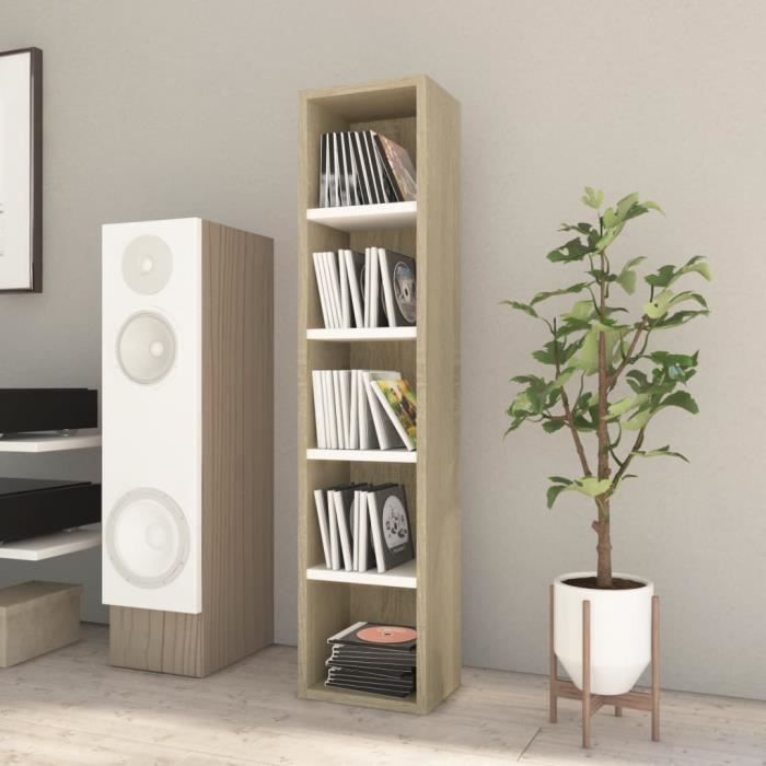 Armoire à CD Blanc et chêne Sonoma 21x16x93,5cm Aggloméré -PAI -PAI