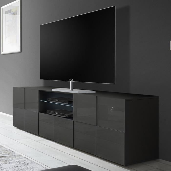 Grand meuble TV gris laqué brillant ARTIC 2 L 181 x P 42 x H 57 cm Gris
