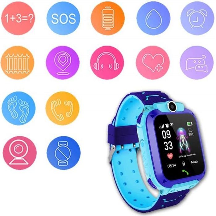 Montre intelligent GPS pour enfant, bleu imperméable, Enfant Montre Intelligente Tactile Caméra SOS Appel Anti-Perdu Tracker Poignet