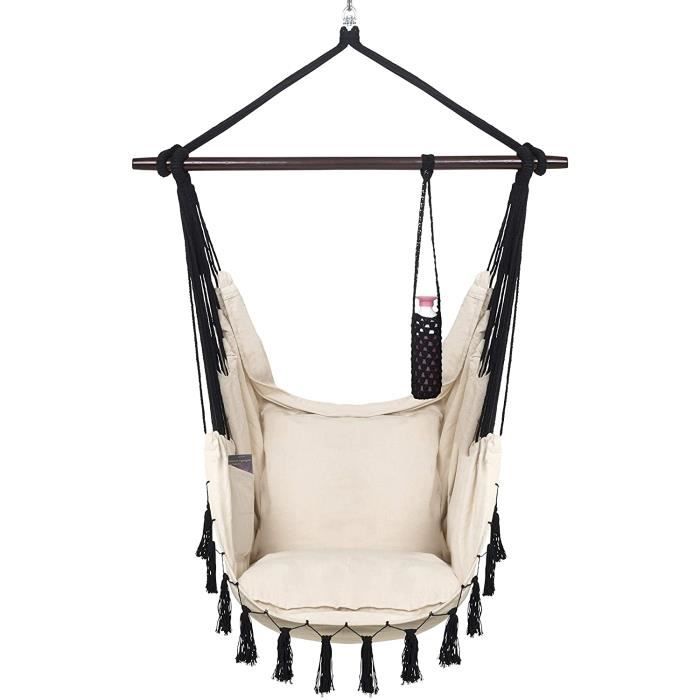 fauteuil de jardin VITA5 Fauteuil Suspendu avec 2 Coussins, Compartiment de Livres et Porte-gobelet – Hamac Suspendu XXL Interie1