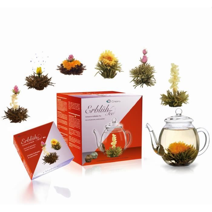 Creano Mélange de fleurs de thé - Coffret cadeau Fleur de thé avec pot en verre 500ml Thé blanc et thé noir avec 6 boules de thé