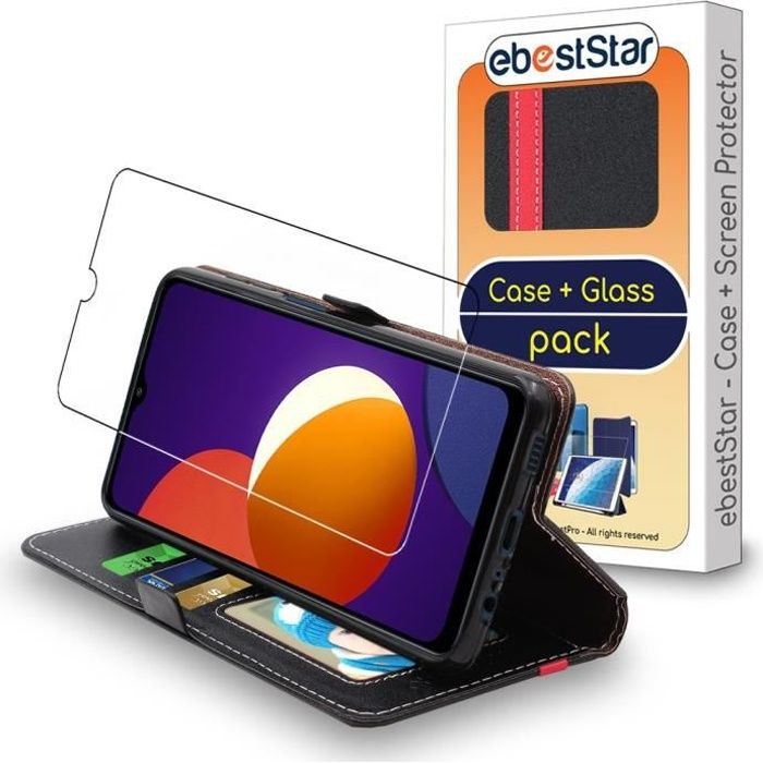 ebestStar ® pour Samsung Galaxy M12 - Etui Portefeuille PU Cuir + Film protection écran en VERRE Trempé, Noir / Rouge