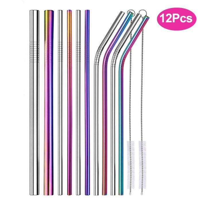 Gesentur 12 Pcs Paille en acier inoxydable,pailles réutilisables inox 4pcs incurvées,4pcs droites,2pcs de grande taille,2 pinceaux