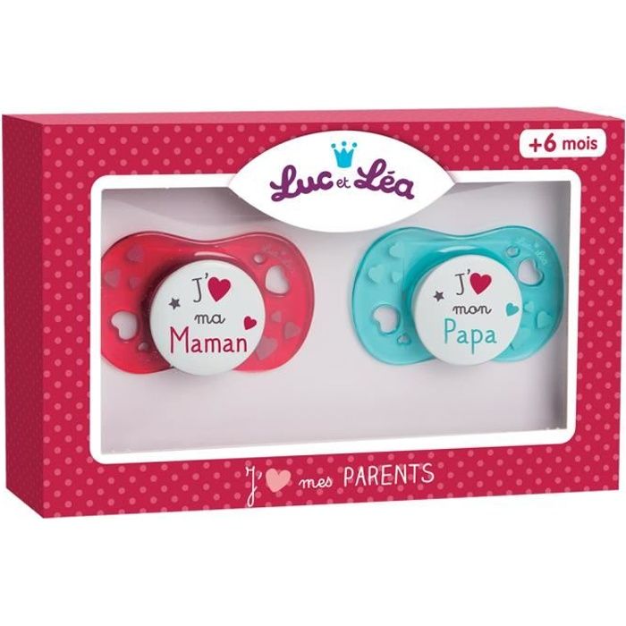 luc et lea sucettes symetriques en silicone j'aime mes parents 6 mois et plus x2