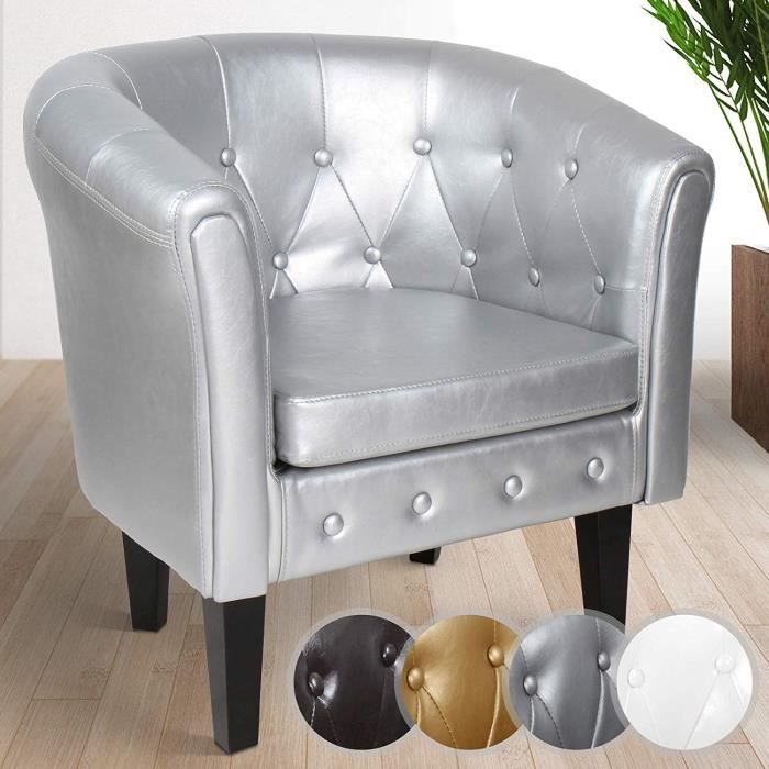 MIADOMODO® Fauteuil Chesterfield - Simili Cuir, Bois, Éléments Décoratifs, 58x71x70cm, Argenté - Chaise, Cabriolet, Meuble de Salon