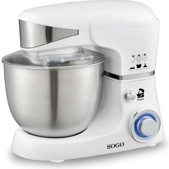 SOGO - 3 À 1 PÉTRISSEUR, MALAXEUR ET BATTEUR, 5 litres Bol en acier inoxydable, Moteur 6 vitesses, Conception à faible bruit, 1000 W