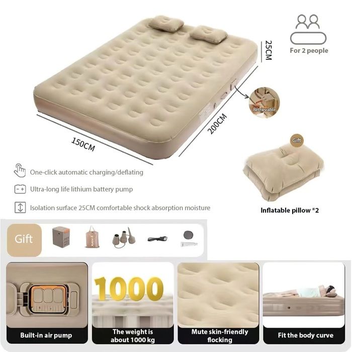 Matelas Gonflable 2 Places BestPriceParts - Pompe électrique Intégrée, 203x157x47 Cm, Gris