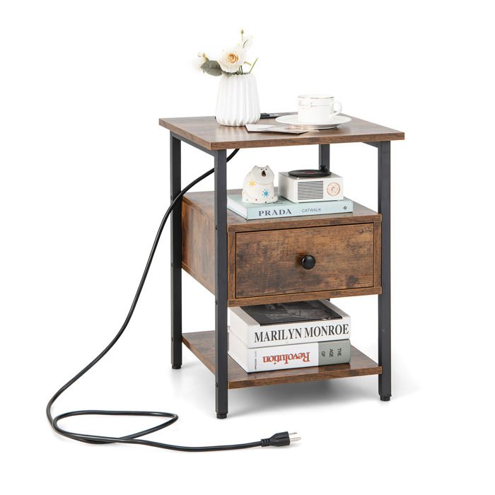 COSTWAY Table de Chevet avec Station de Charge Etagères Ouvertes et Tiroir Style Industriel pour Chambre Salon Bureau COSTWAY Table de Chevet avec Station de Charge Etagères Ouvertes et Tiroir Style Industriel pour Chambre Salon Bureau