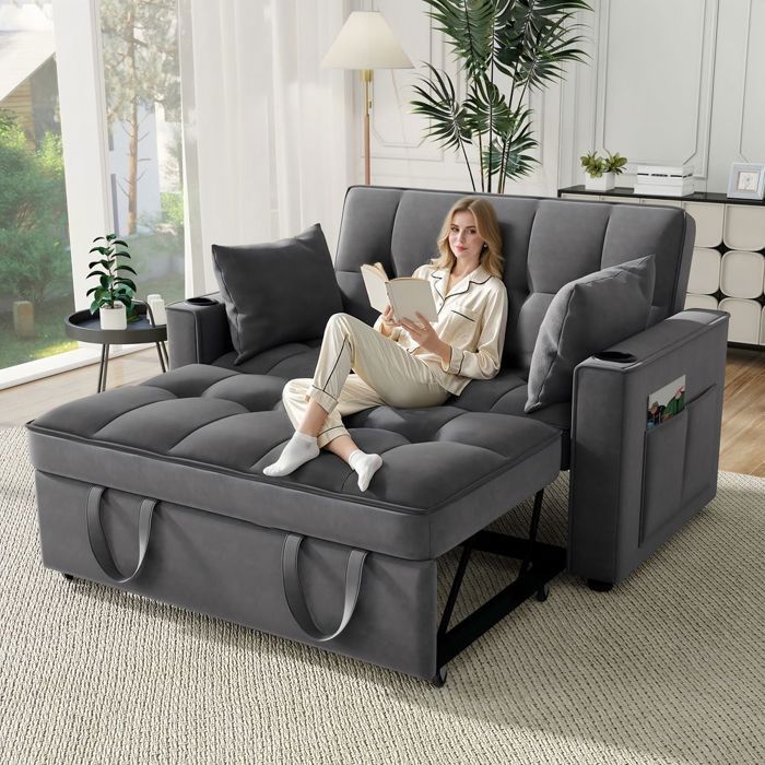 Canapé convertible 2 places avec porte-boisson et coussins Fonction de couchage - SWEIKO - Gris Canapé convertible 2 places avec porte-boisson et coussins Fonction de couchage - SWEIKO - Gris