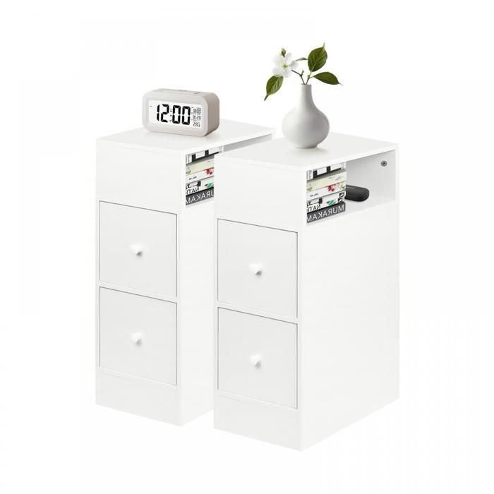 LOT DE 2 TABLE DE CHEVET ÉTROITE AVEC 2 TIROIRS ET COMPARTIMENTS OUVERTS 25*30*66CM BLANC.