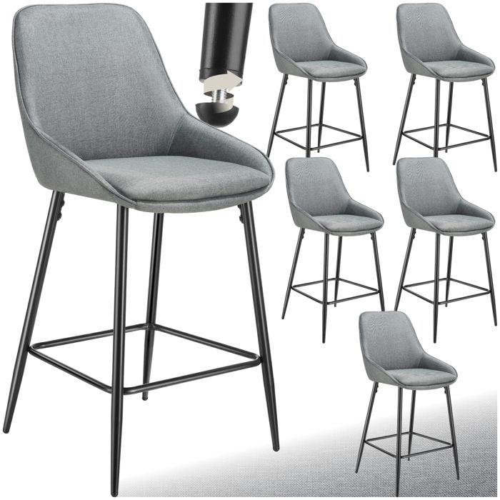 Tabouret de bar - TECTAKE - Lot de 6 tabourets SIERA avec tissu doux et repose-pieds 49 x 54 x 100 cm - Gris/noir