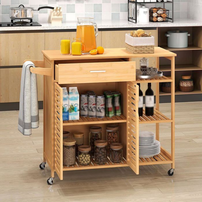 COSTWAY Desserte de Cuisine Mobile 90 cm en Bambou Roues Bloquables Tiroir Étagères Ouvertes et Armoire à 2 Portes Naturel