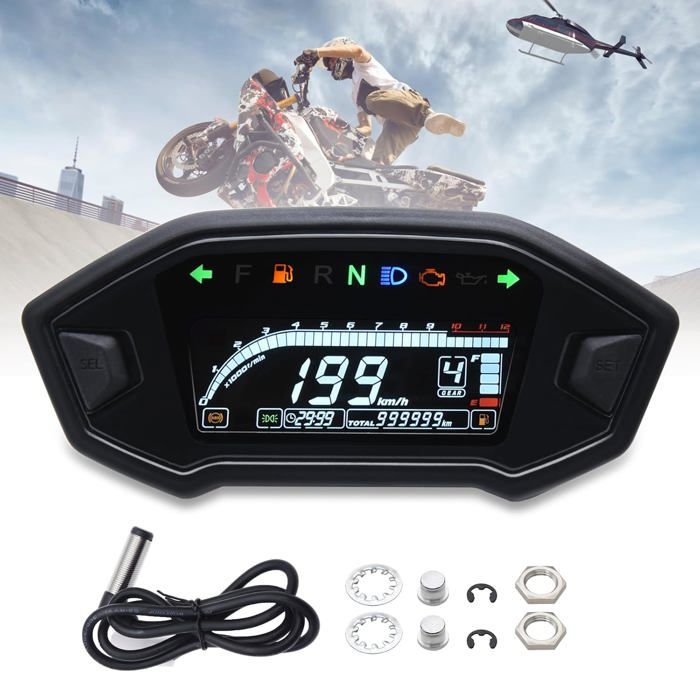12000 tr/min LCD Numérique Rétroéclairage Compteur de Vitesse Numérique Kilométrique Gauge 0–199 km/h Pour 124 cylindres