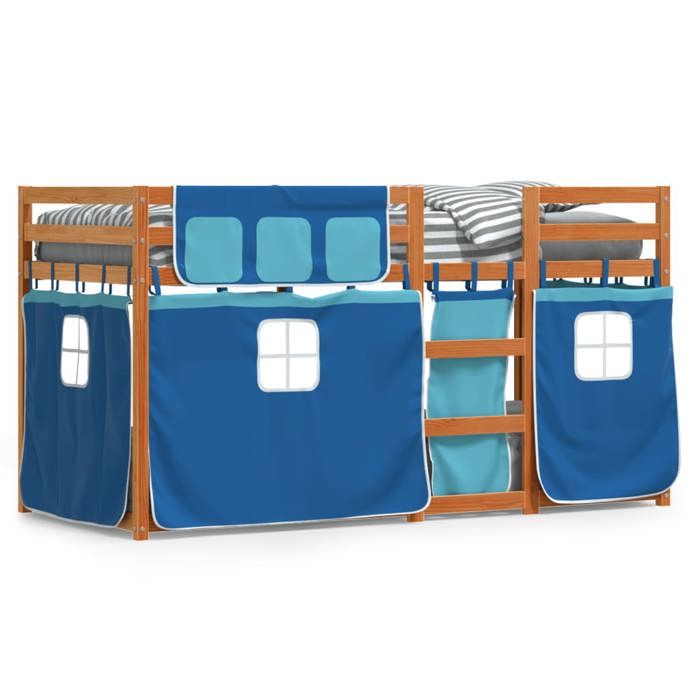 Lit mezzanine/Lit superposé enfants - avec rideaux - bleu 90x200 cm bois pin massif LL284667