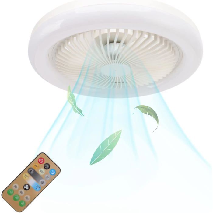 Ventilateur de plafond lumineux luminosité et température réglables 3 vitesses minuterie mode veille télécommande blanc - Omegasback
