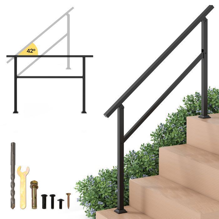 Rampe Escalier 3 à 4 Marches 138cm COSTWAY en Acier Carbone-Angle Flexible-Kit dInstallation-Barre Horizontale-Intérieur Extérieur