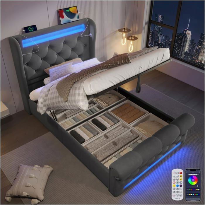 Lemonbest Lit simple rembourré avec LED 90 x 200cm Lit coffre avec relevage hydraulique et Ports USB et Type-C Velours + Gris