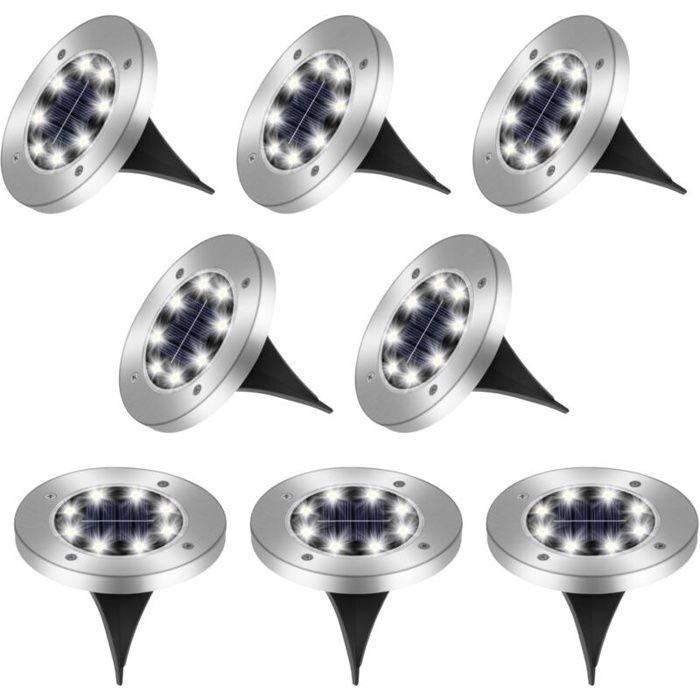AIMOONSA Lot de 8 spots solaires extérieurs LED IP65 - inox/ABS blanc froid 600 mAh allumage automatique