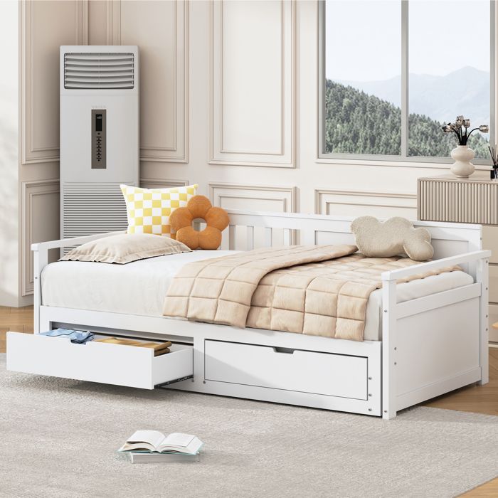 Lit gigogne 90/180x190cm en bois massif - 2 tiroirs à roulettes - Blanc (matelas non inclus)