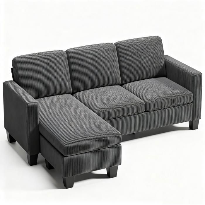 Canapé dangle Réversible - Bealife - Canapé Modulable en L - 3 Places - Pouf - Velours Côtelé - Gris - 188 x 136 x 89 cm