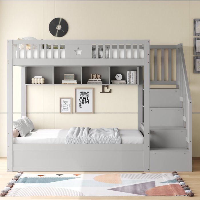 Lit Superpose 140x200 avec Coffre Hydraulique Escalier 4 tiroirs Etageres Barrieres Securite Lit Mezzanine Adulte/Enfant - Gris
