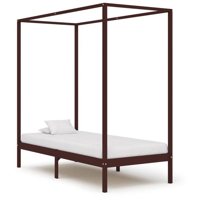 Lit à baldaquin en bois massif - UU - 100x200 cm - Marron foncé - Bois de pin massif - Lattes en contreplaqué