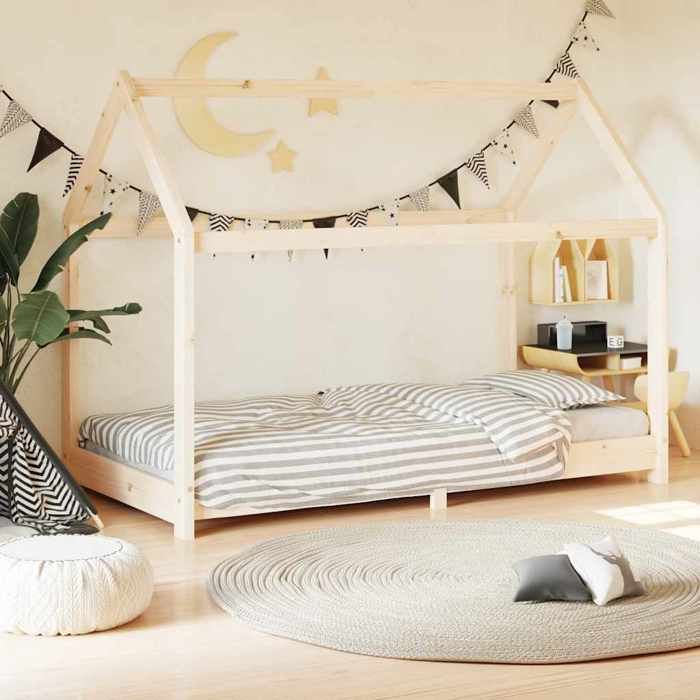 Cadre de lit denfant en bois - Happiness - 70x140 cm - Bois de pin massif - Style maison dans un arbre - Brun