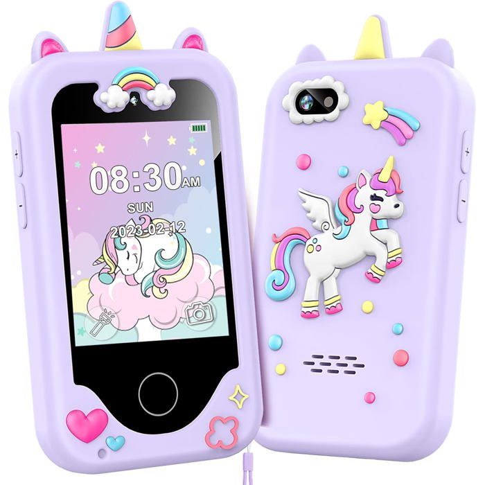 Telephone Portable Enfant Jouet avec Écran Tactile de 28” Caméras Apprentissage Jouet Livre Audio Musique 8GB Card Violet