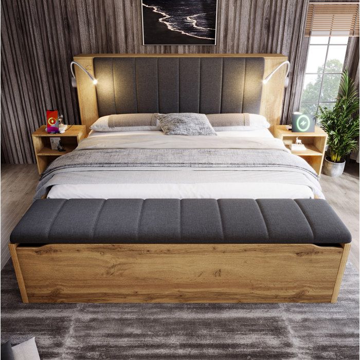 Lit Combiné Double 180×200 cm Banc Coffre et Liseuses USB - MIVRAY - 2 Tables de Chevet Sans Matelas Chêne