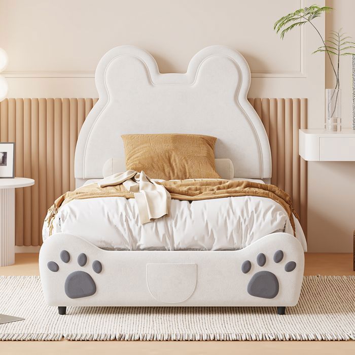Lit enfant - MERAX - Lit en forme dours - 90x200 cm - Tissu velours - Tête de lit capitonnée blanche Lit enfant - MERAX - Lit en forme dours - 90x200 cm - Tissu velours - Tête de lit capitonnée blanche
