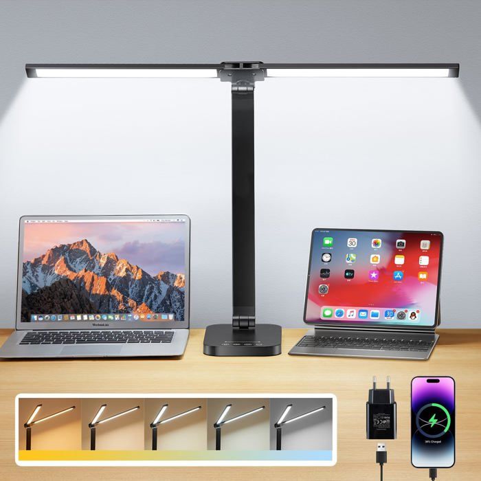 Lampe de bureau LED à double tête - ESTAMPILLE - 10 niveaux de luminosité - 5 couleurs ajustables - Pliable et réglable