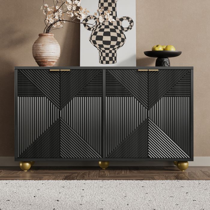 Buffet Bas - 4 Portes Motif Géométrique avec Pieds Boule Dorés - Bahut Moderne - Noir - MERAX