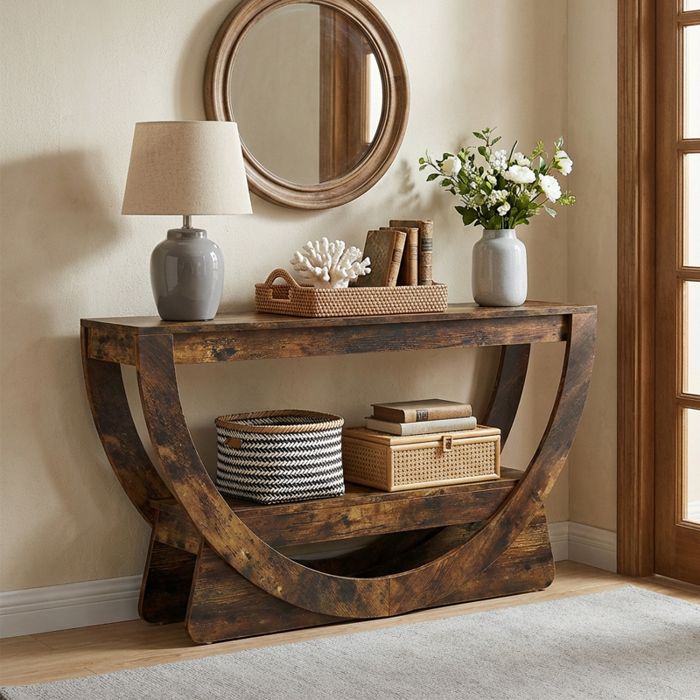 Console dentrée TOPESCT 160 cm industrielle bois étagères rangement couloir salon brun foncé