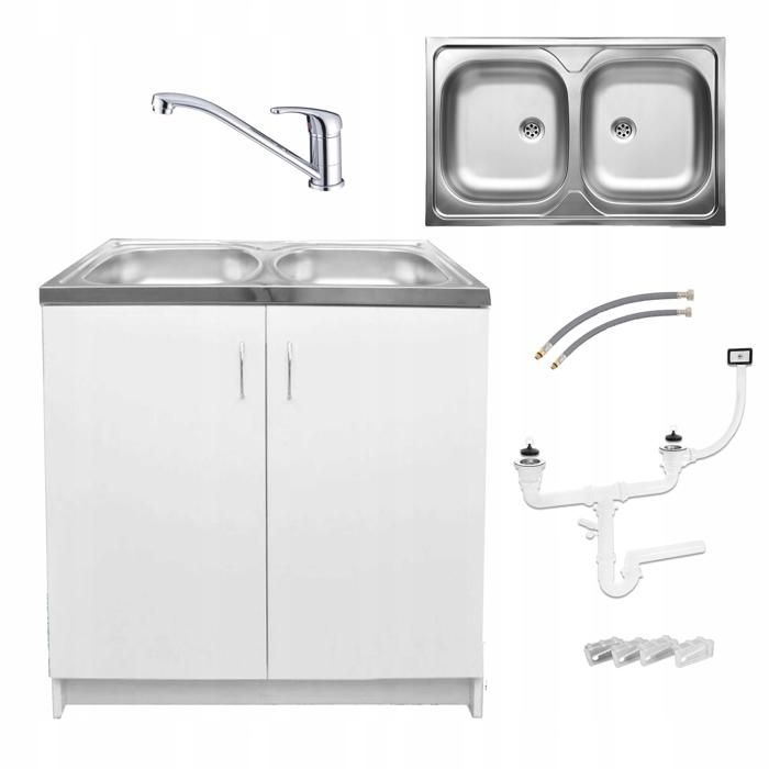 STAMAR Meuble sous Évier 80 cm Blanc + Évier Inox 2 Bacs + Robinet Pivotant Chrome + Siphon LV + Kit - 80x49x82 cm