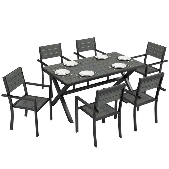 Ensemble table et chaises - Outsunny - pour 6 personnes - chaises empilables - aluminium - 7 pièces - gris