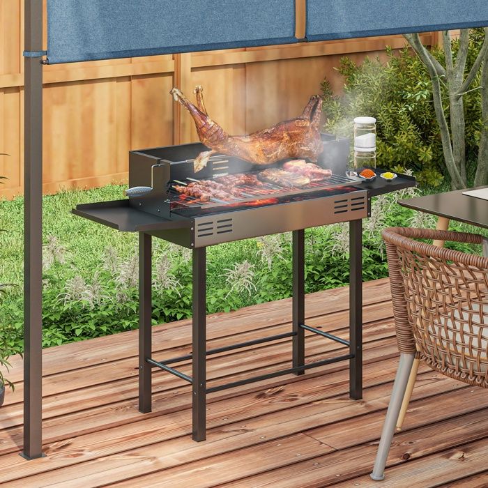 Barbecue charbon de bois BBQ avec grille de gril à 3 niveaux et étagères latérales pliables 118 x 32 x 90 cm noir
