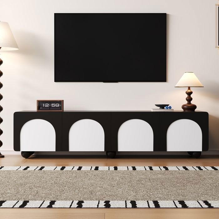 Meuble TV Bas Panneau 180x38x45 cm Bicolore Noir Blanc 2 Tiroirs 2 Portes MDF Panneaux Particules Design Classique