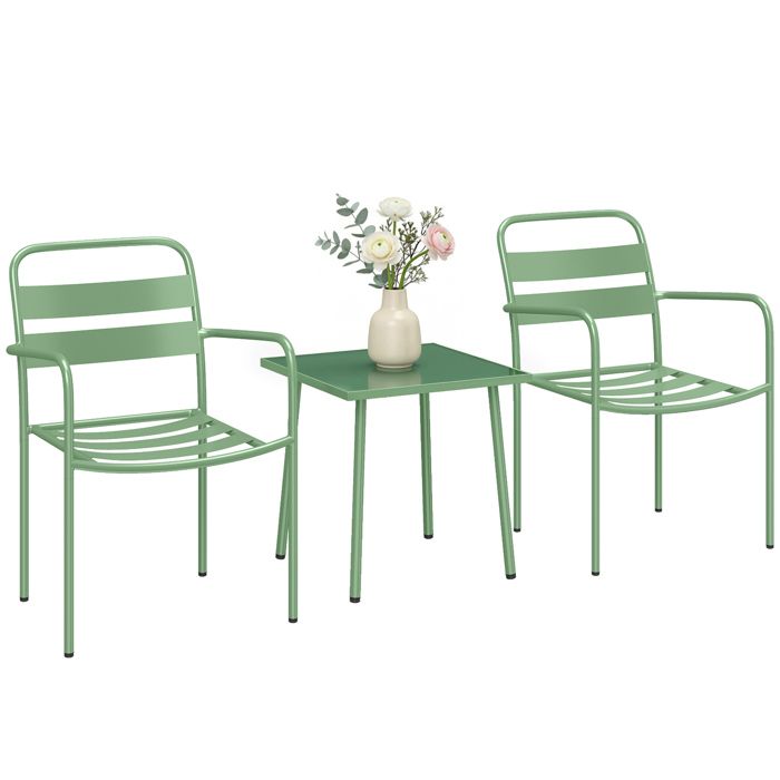 Ensemble bistrot de jardin - Outsunny - table basse en verre trempé et 2 chaises à lattes - acier galvanisé - 55x58x82cm - vert