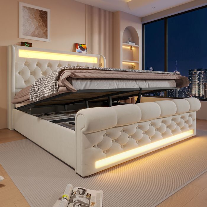 Lit coffre rembourré 140x190 cm Lit double avec LED - rangement dans tête de lit avec ports USB et USB-C - velours - beige